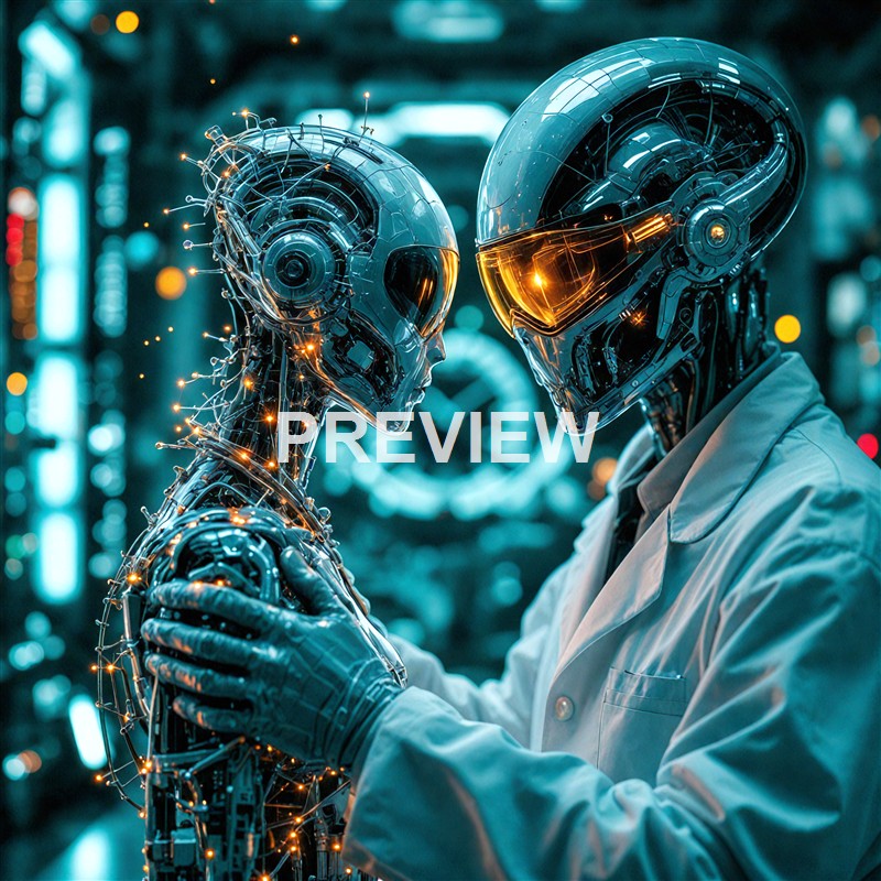 A person wearing a futuristic helmet and white lab coat is holding and examining a humanoid robot with a metallic, highly detailed exterior in a high-tech environment.